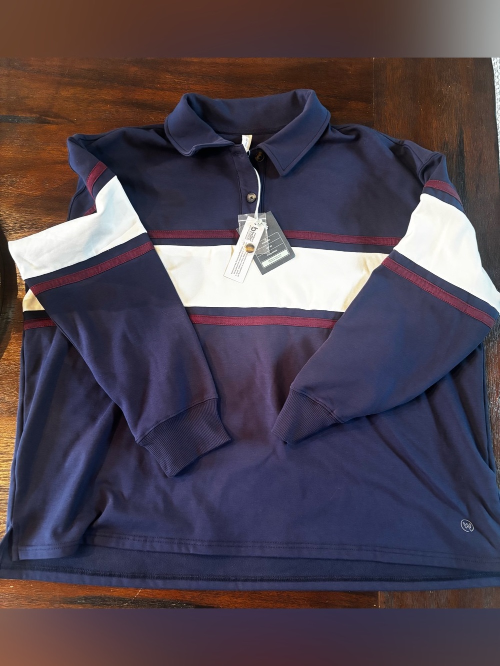 Long-Sleeve Navy Rugby Polo with White and Maroon Stripes
